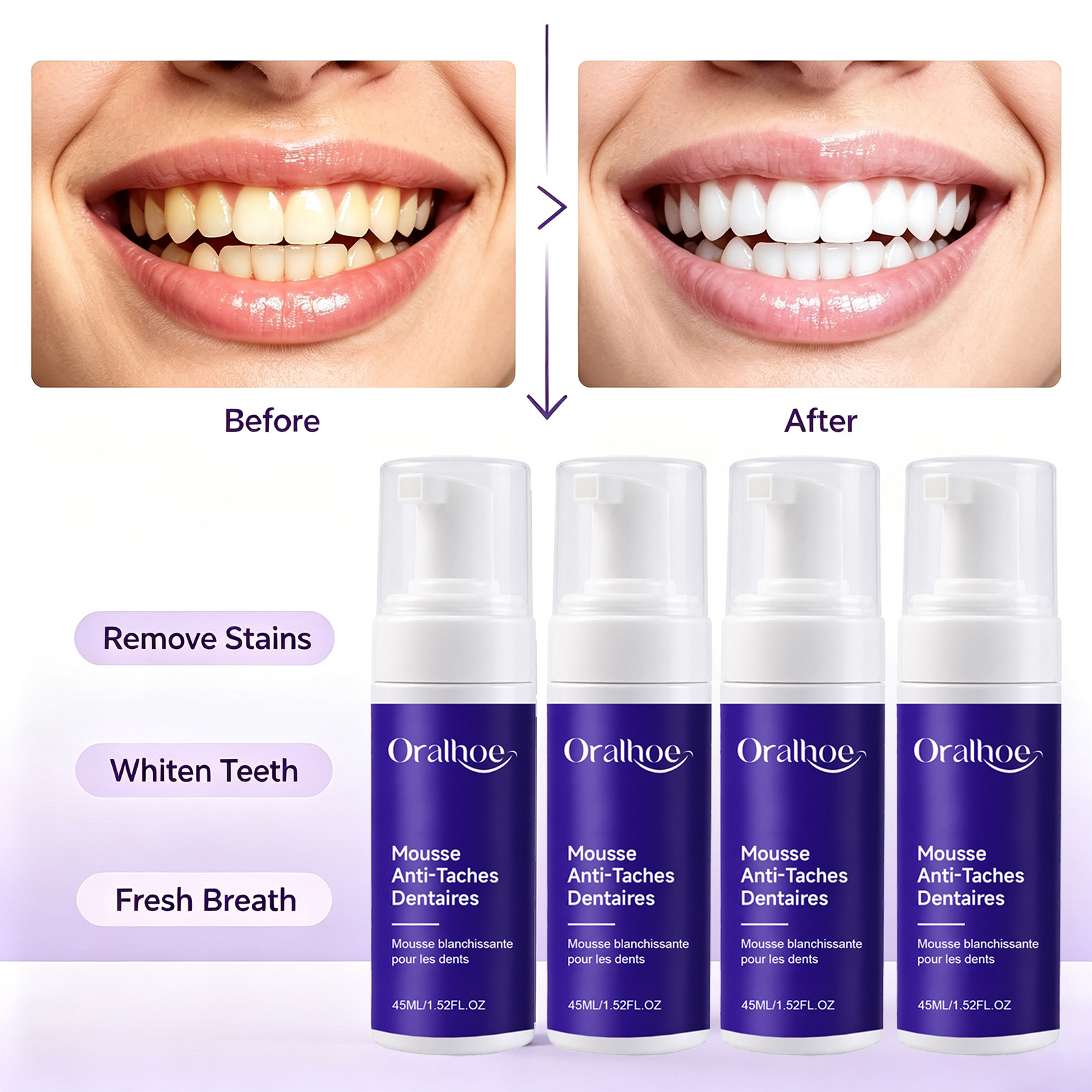 Teeth Whitening Routine - Paarse schuimende tandenbleekpasta, emaille-vriendelijk parelwit schuim